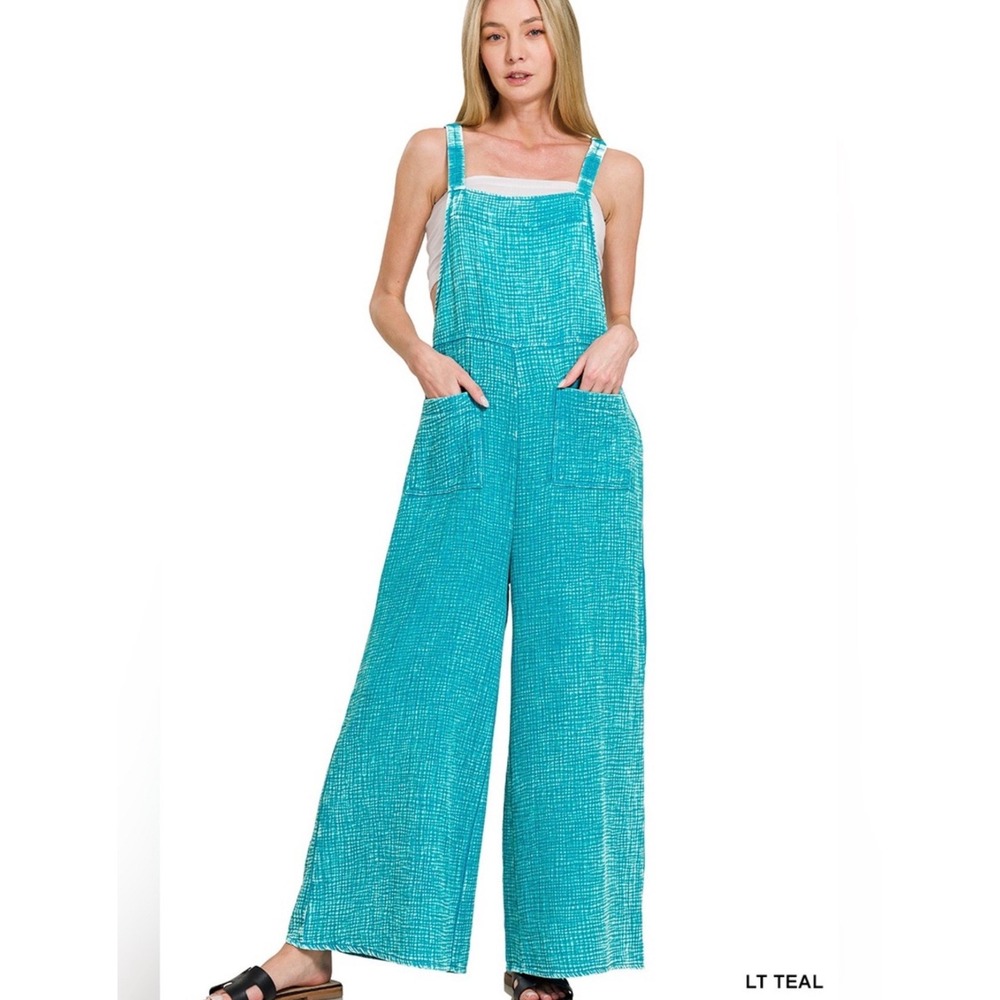 New Zenana Light Teal Cotton Gauze Wide Leg Overall Jumpsuit Aqua Blue Boho